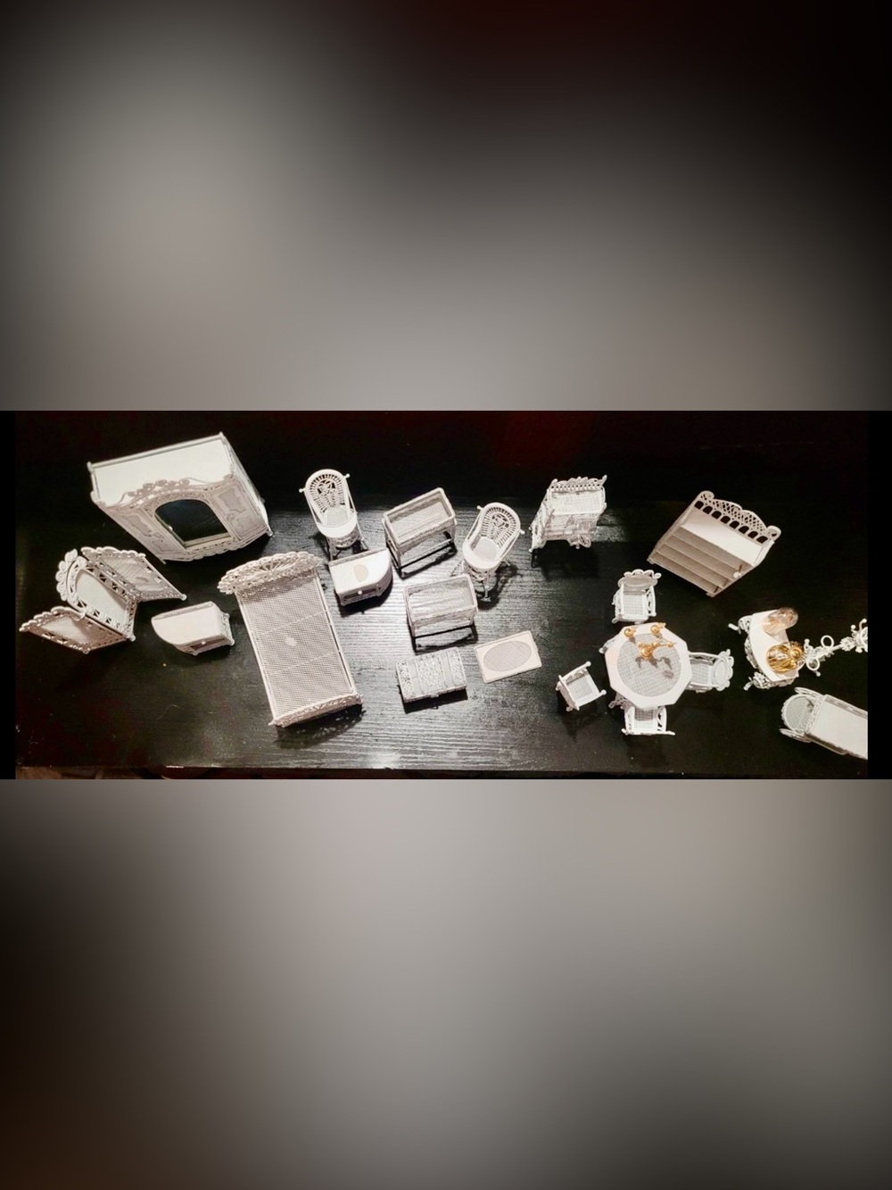 Vtg Dollhouse Furniture Lot White Metal Lacy Wire Wicker Shabby Chic 1:12 1980s